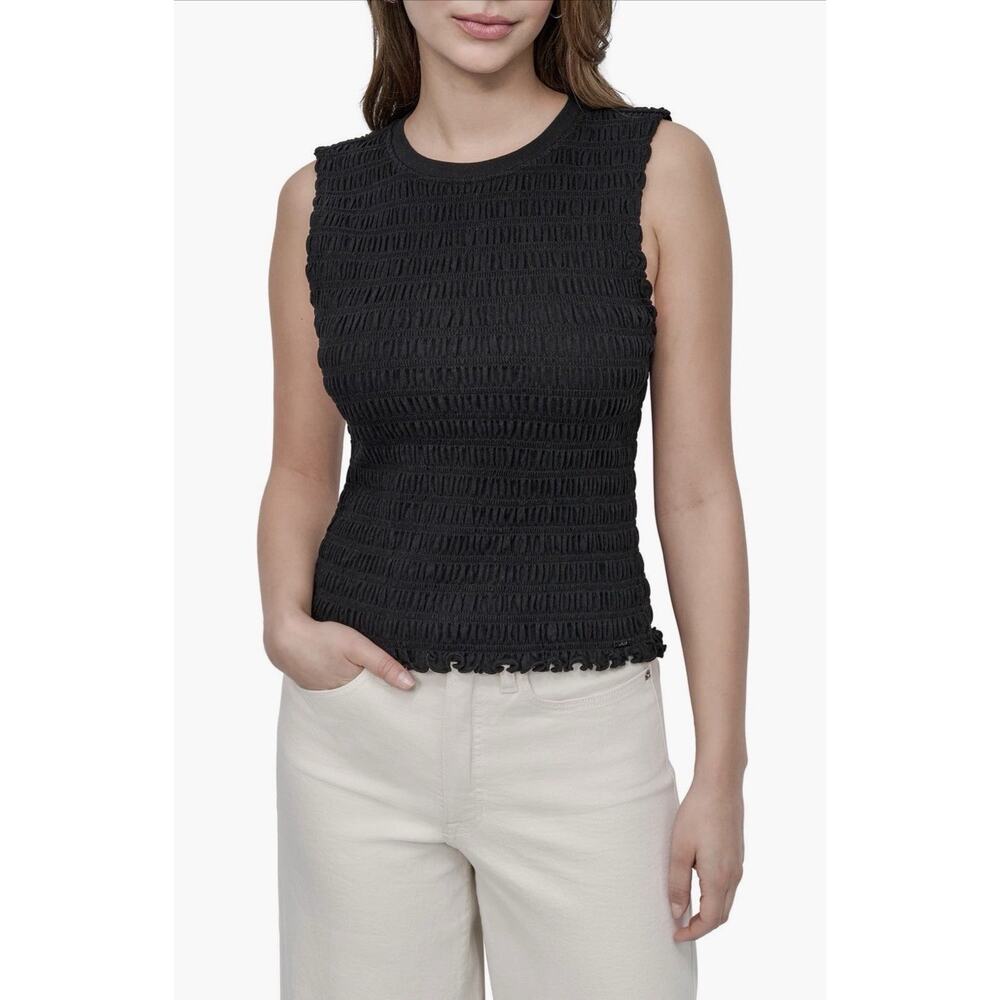 DKNY Black Smocked Sleeveless Tank Top Size Large
